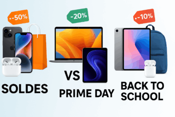Comparatif visuel entre les soldes d'été, Amazon Prime Day et Back to School, avec des produits Apple comme iPhone, MacBook, iPad et Apple Pencil, et des pourcentages de réduction.