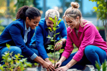 Des collaborateurs d’entreprise plantent un arbre pour réduire leur empreinte carbone.