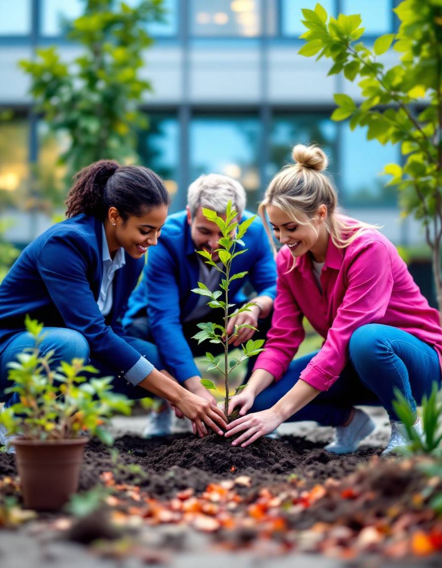 Des collaborateurs d’entreprise plantent un arbre pour réduire leur empreinte carbone.