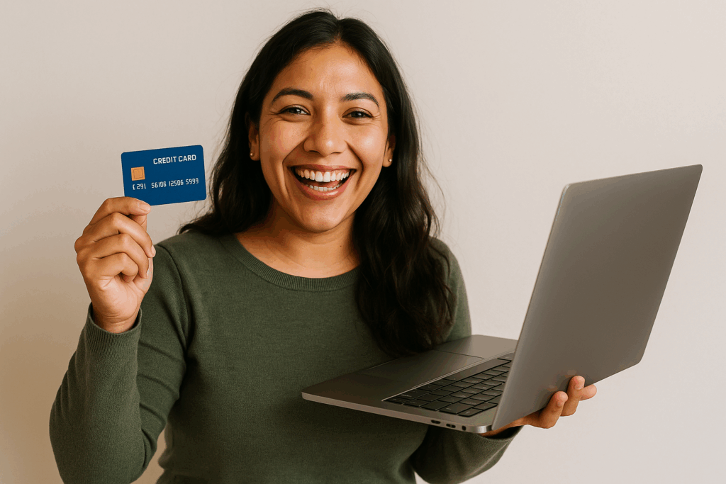 Une jeune femme hispanique joyeuse, consommateur tenant une carte de credit et un ordinateur portable pour Black Friday